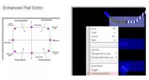 Using Cadence Allegro's Enhanced Pad Entry function allows us to avoid the acute angle between the circuitry wire and the pad when the wire exits, and avoid the "acid traps" DFM problem.